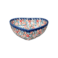 A picture of a Polish Pottery Bowl, Heart-Shaped 6.5" x 7" in "Meadow in Bloom" by Andy | NDA367-A54 as shown at PolishPotteryOutlet.com/products/6-5-x-7-heart-bowl-meadow-in-bloom-nda367-a54