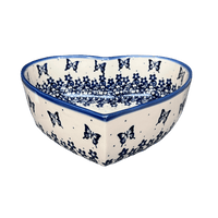 A picture of a Polish Pottery 8" X 8.75" Heart Bowl (Butterfly Blues) | NDA368-17 as shown at PolishPotteryOutlet.com/products/8-x-8-75-heart-bowl-butterfly-blues-nda368-17