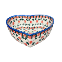 A picture of a Polish Pottery 8" X 8.75" Heart Bowl (Red Lattice) | NDA368-20 as shown at PolishPotteryOutlet.com/products/8-x-8-75-heart-bowl-red-lattice-nda368-20