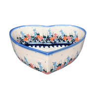 A picture of a Polish Pottery 8" X 8.75" Heart Bowl (Fall Wildflowers) | NDA368-23 as shown at PolishPotteryOutlet.com/products/8-x-8-75-heart-bowl-fall-wildflowers-nda368-23