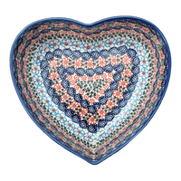 A picture of a Polish Pottery 8" X 8.75" Heart Bowl (Zany Zinnia) | NDA368-35 as shown at PolishPotteryOutlet.com/products/8-x-8-75-heart-bowl-zany-zinnia-nda368-35