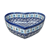 A picture of a Polish Pottery 8" X 8.75" Heart Bowl (Blue Daisy Spiral) | NDA368-38 as shown at PolishPotteryOutlet.com/products/8-x-8-75-heart-bowl-blue-daisy-spiral-nda368-38