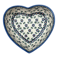 A picture of a Polish Pottery 8" X 8.75" Heart Bowl (Blue Lattice) | NDA368-6 as shown at PolishPotteryOutlet.com/products/8-x-8-75-heart-bowl-blue-lattice-nda368-6