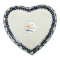 A picture of a Polish Pottery 8" X 8.75" Heart Bowl (Blue Lattice) | NDA368-6 as shown at PolishPotteryOutlet.com/products/8-x-8-75-heart-bowl-blue-lattice-nda368-6