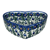 A picture of a Polish Pottery 8" X 8.75" Heart Bowl (Blue Cascade) | NDA368-A31 as shown at PolishPotteryOutlet.com/products/8-x-8-75-heart-bowl-blue-cascade-nda368-a31