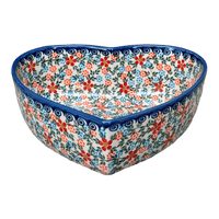 A picture of a Polish Pottery 8" X 8.75" Heart Bowl (Meadow in Bloom) | NDA368-A54 as shown at PolishPotteryOutlet.com/products/8-x-8-75-heart-bowl-meadow-in-bloom-nda368-a54