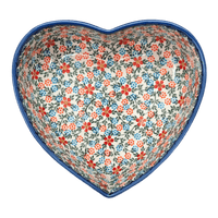 A picture of a Polish Pottery 8" X 8.75" Heart Bowl (Meadow in Bloom) | NDA368-A54 as shown at PolishPotteryOutlet.com/products/8-x-8-75-heart-bowl-meadow-in-bloom-nda368-a54