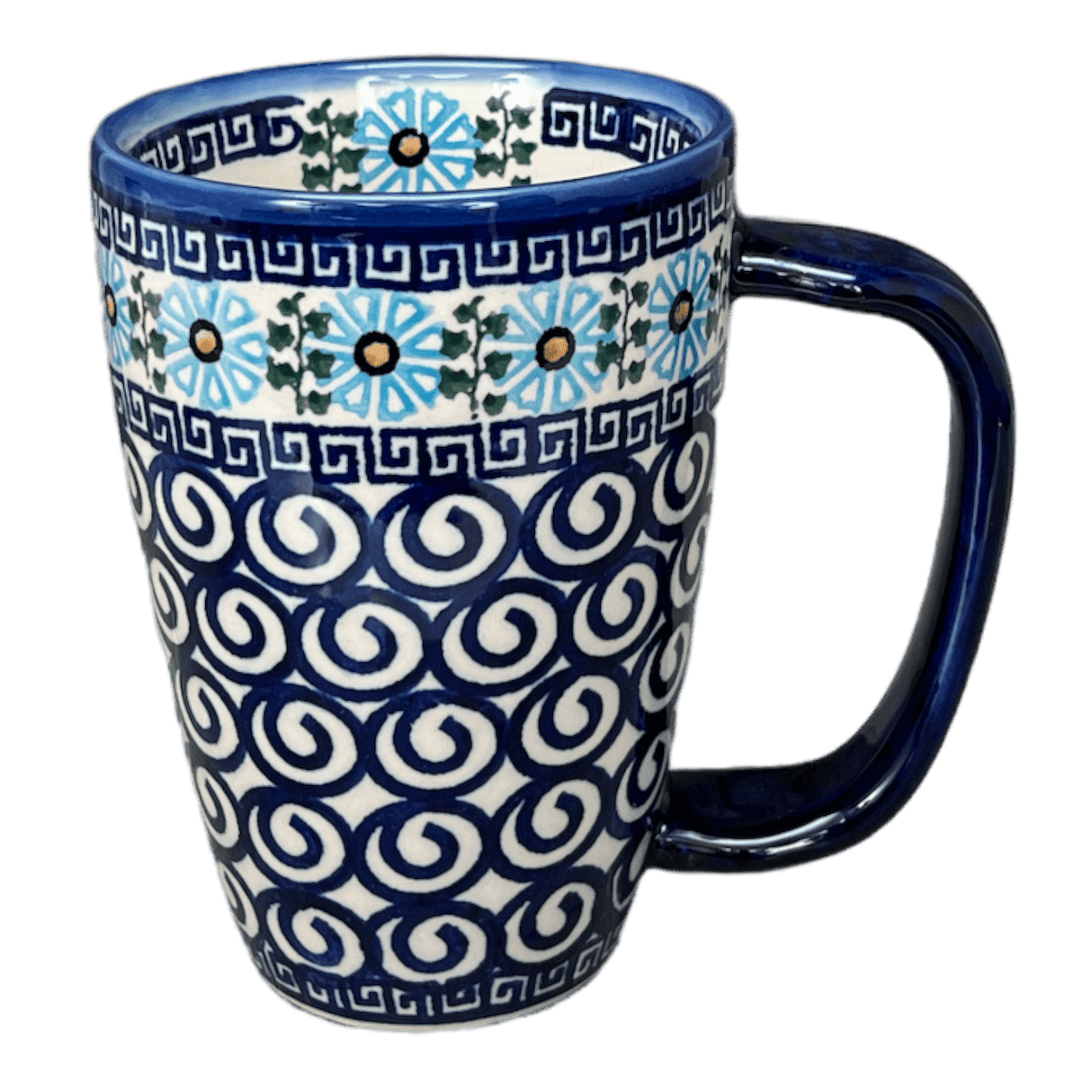 Mug, Cafe, 16 oz in "Blue Daisy Spiral" by Andy | NDA40-38