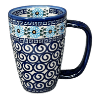 A picture of a Polish Pottery 16 oz. Café Mug (Blue Daisy Spiral) | NDA40-38 as shown at PolishPotteryOutlet.com/products/16-oz-cafe-mug-blue-daisy-spiral-nda40-38