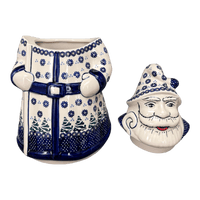 A picture of a Polish Pottery Santa Cookie Jar (Snowy Pines) | P060T-U22 as shown at PolishPotteryOutlet.com/products/12-santa-cookie-jar-snowy-pines-p060t-u22