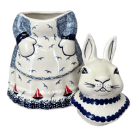 A picture of a Polish Pottery Rabbit Cookie Jar (Smooth Seas) | P080T-DPML as shown at PolishPotteryOutlet.com/products/rabbit-cookie-jar-smooth-seas-p080t-dpml