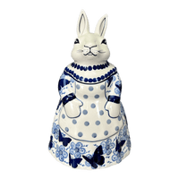 A picture of a Polish Pottery Rabbit Cookie Jar (Blue Butterfly) | P080U-AS58 as shown at PolishPotteryOutlet.com/products/rabbit-cookie-jar-blue-butterfly-p080u-as58