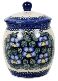 A picture of a Polish Pottery 3 Liter Canister (Pansies) | P083S-JZB as shown at PolishPotteryOutlet.com/products/3-liter-canister-pansies-p083s-jzb