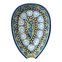 A picture of a Polish Pottery Small Spoon Rest (Blue Bells) | P093S-KLDN as shown at PolishPotteryOutlet.com/products/spoon-rest-blue-bells-p093s-kldn
