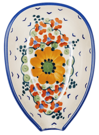 A picture of a Polish Pottery Spoon Rest, Small, 3.5" in "Autumn Harvest" by Manufaktura | P093S-LB as shown at PolishPotteryOutlet.com/products/spoon-rest-autumn-harvest-p093s-lb