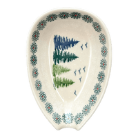 A picture of a Polish Pottery Spoon Rest, Small, 3.5" in "Pine Forest" by Manufaktura | P093S-PS29 as shown at PolishPotteryOutlet.com/products/5-5-x-3-5-spoon-rest-pine-forest-p093s-ps29