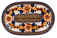 A picture of a Polish Pottery 7"x11" Oval Roaster (Bouquet in a Basket) | P099S-JZK as shown at PolishPotteryOutlet.com/products/7x11-oval-roaster-bouquet-in-a-basket-p099s-jzk