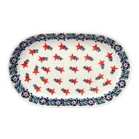 A picture of a Polish Pottery 7"x11" Oval Roaster (Evergreen Stars) | P099T-PZGG as shown at PolishPotteryOutlet.com/products/7x11-oval-roaster-evergreen-stars-p099t-pzgg