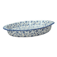 A picture of a Polish Pottery Baker, Oval, Large 10.25" x 15.5" in "Scattered Blues" by Manufaktura | P102S-AS45 as shown at PolishPotteryOutlet.com/products/15-25-x-10-25-oval-baker-scattered-blues-p102s-as45