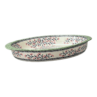 A picture of a Polish Pottery Baker, Oval, Large 10.25" x 15.5" in "Cherry Blossoms" by Manufaktura | P102S-DPGJ as shown at PolishPotteryOutlet.com/products/15-25-x-10-25-oval-baker-cherry-blossoms-p102s-dpgj