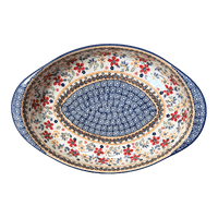 A picture of a Polish Pottery Large Oval Baker (Ruby Duet) | P102S-DPLC as shown at PolishPotteryOutlet.com/products/15-25-x-10-25-oval-baker-ruby-duet-p102s-dplc