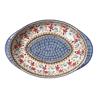 A picture of a Polish Pottery Baker, Oval, Large 10.25" x 15.5" in "Ruby Duet" by Manufaktura | P102S-DPLC as shown at PolishPotteryOutlet.com/products/15-25-x-10-25-oval-baker-ruby-duet-p102s-dplc