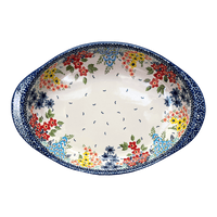 A picture of a Polish Pottery Large Oval Baker (Brilliant Garden) | P102S-DPLW as shown at PolishPotteryOutlet.com/products/15-25-x-10-25-oval-baker-brilliant-garden-p102s-dplw