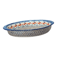 A picture of a Polish Pottery Large Oval Baker (Hummingbird Harvest) | P102S-JZ35 as shown at PolishPotteryOutlet.com/products/15-25-x-10-25-oval-baker-hummingbird-harvest-p102s-jz35