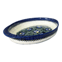 A picture of a Polish Pottery Large Oval Baker (Pansies) | P102S-JZB as shown at PolishPotteryOutlet.com/products/15-25-x-10-25-oval-baker-pansies-p102s-jzb