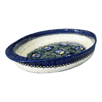 A picture of a Polish Pottery Baker, Oval, Large 10.25" x 15.5" in "Pansies" by Manufaktura | P102S-JZB as shown at PolishPotteryOutlet.com/products/15-25-x-10-25-oval-baker-pansies-p102s-jzb