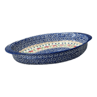 A picture of a Polish Pottery Large Oval Baker (Mediterranean Blossoms) | P102S-P274 as shown at PolishPotteryOutlet.com/products/15-25-x-10-25-oval-baker-mediterranean-blossoms-p102s-p274