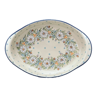 A picture of a Polish Pottery Large Oval Baker (Daisy Bouquet) | P102S-TAB3 as shown at PolishPotteryOutlet.com/products/15-25-x-10-25-oval-baker-daisy-bouquet-p102s-tab3