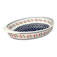 A picture of a Polish Pottery Large Oval Baker (Cherry Dot) | P102T-70WI as shown at PolishPotteryOutlet.com/products/15-25-x-10-25-oval-baker-cherry-dot-p102t-70wi