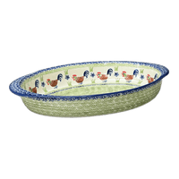 A picture of a Polish Pottery Large Oval Baker (Chicken Dance) | P102U-P320 as shown at PolishPotteryOutlet.com/products/15-25-x-10-25-oval-baker-chicken-dance-p102u-p320