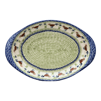 A picture of a Polish Pottery Large Oval Baker (Chicken Dance) | P102U-P320 as shown at PolishPotteryOutlet.com/products/15-25-x-10-25-oval-baker-chicken-dance-p102u-p320