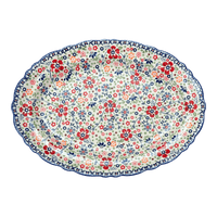 A picture of a Polish Pottery Large Scalloped Oval Platter (Full Bloom) | P165S-EO34 as shown at PolishPotteryOutlet.com/products/large-scalloped-oval-plater-full-bloom-p165s-eo34