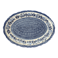 A picture of a Polish Pottery Large Scalloped Oval Platter (Blue Life) | P165S-EO39 as shown at PolishPotteryOutlet.com/products/large-scalloped-oval-plater-blue-life-p165s-eo39