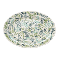 A picture of a Polish Pottery Platter, Oval, Scalloped, 16.75" x 12.25" Large in "Scattered Ferns" by Manufaktura | P165S-GZ39 as shown at PolishPotteryOutlet.com/products/16-75-x-12-25-large-scalloped-oval-platter-scattered-ferns-p165s-gz39