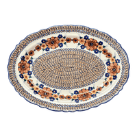 A picture of a Polish Pottery Large Scalloped Oval Platter (Bouquet in a Basket) | P165S-JZK as shown at PolishPotteryOutlet.com/products/16-75-x-12-25-large-scalloped-oval-platter-bouquet-in-a-basket-p165s-jzk
