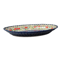 A picture of a Polish Pottery Platter, Oval, Scalloped, 16.75" x 12.25" Large in "Floral Fantasy" by Manufaktura | P165S-P260 as shown at PolishPotteryOutlet.com/products/large-scalloped-oval-plater-floral-fantasy-p165s-p260