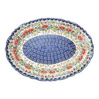 A picture of a Polish Pottery Large Scalloped Oval Platter (Floral Fantasy) | P165S-P260 as shown at PolishPotteryOutlet.com/products/large-scalloped-oval-plater-floral-fantasy-p165s-p260