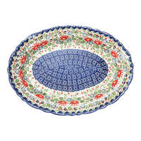 A picture of a Polish Pottery Platter, Oval, Scalloped, 16.75" x 12.25" Large in "Floral Fantasy" by Manufaktura | P165S-P260 as shown at PolishPotteryOutlet.com/products/large-scalloped-oval-plater-floral-fantasy-p165s-p260