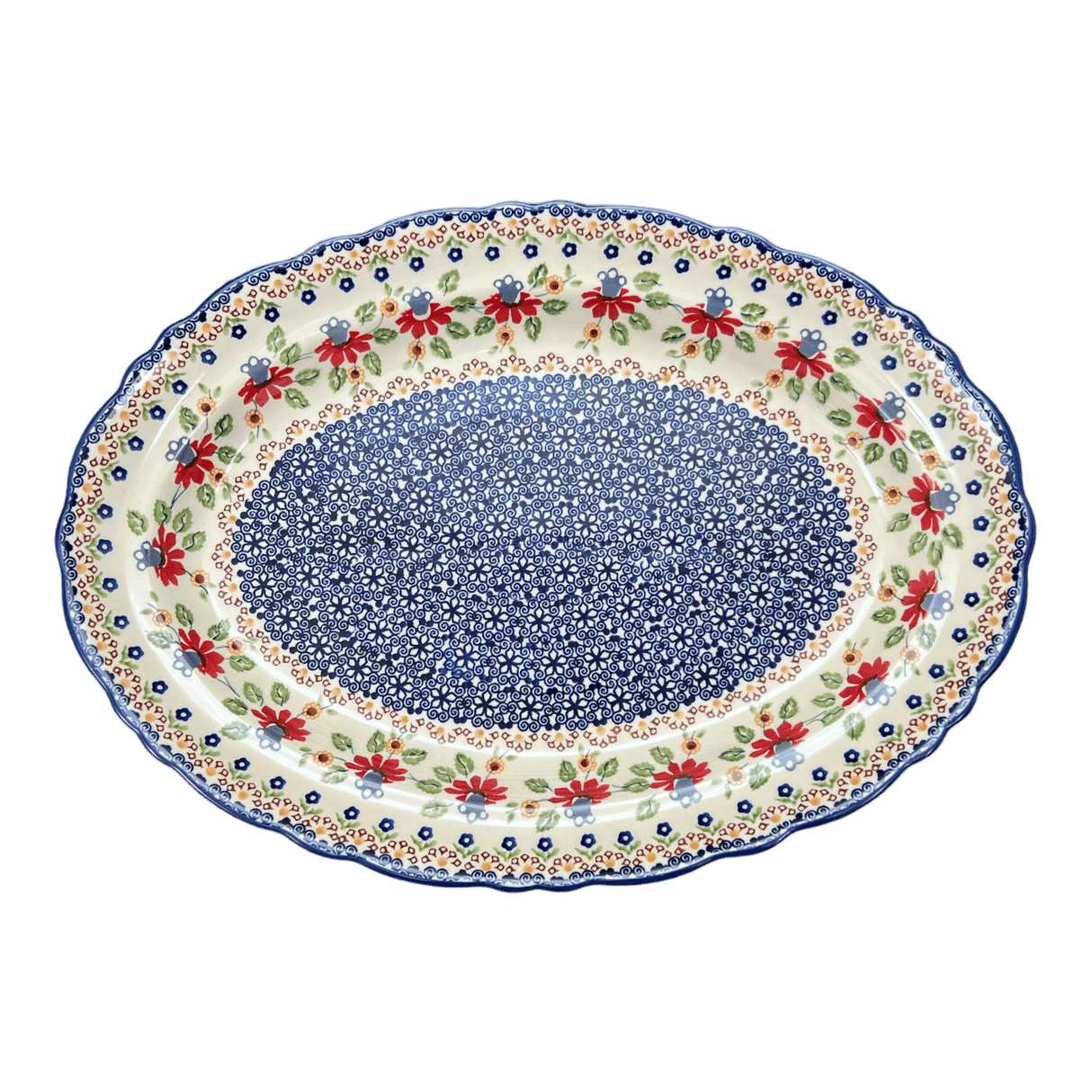 Platter, Oval, Scalloped, 16.75" x 12.25" Large in "Mediterranean Blossoms" by Manufaktura | P165S-P274