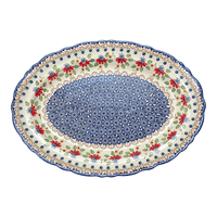 A picture of a Polish Pottery Platter, Oval, Scalloped, 16.75" x 12.25" Large in "Mediterranean Blossoms" by Manufaktura | P165S-P274 as shown at PolishPotteryOutlet.com/products/large-scalloped-oval-plater-mediterranean-blossoms-p165s-p274