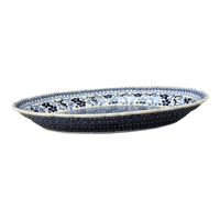 A picture of a Polish Pottery Large Scalloped Oval Platter (Duet in Blue) | P165S-SB01 as shown at PolishPotteryOutlet.com/products/16-75-x-12-25-large-scalloped-oval-platter-duet-in-blue-p165s-sb01