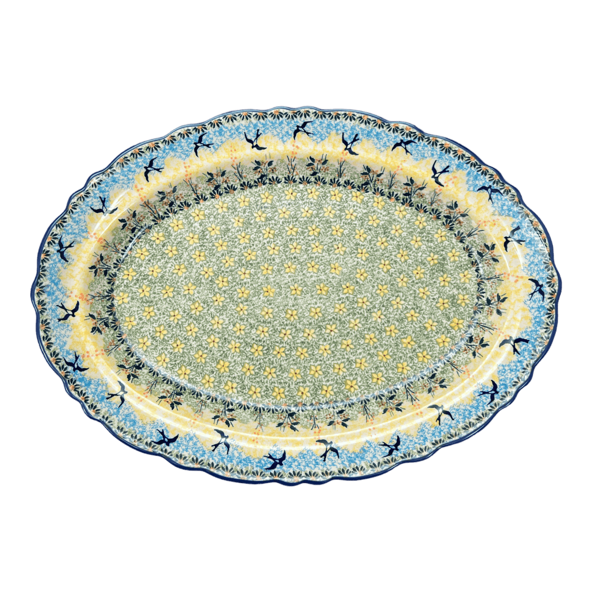 Platter, Oval, Scalloped, 16.75" x 12.25" Large in "Soaring Swallows" by Manufaktura | P165S-WK57