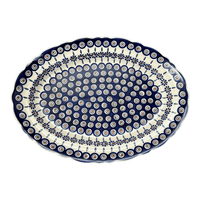 A picture of a Polish Pottery Large Scalloped Oval Platter (Floral Peacock) | P165T-54KK as shown at PolishPotteryOutlet.com/products/large-scalloped-oval-plater-floral-peacock-p165t-54kk