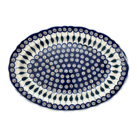 A picture of a Polish Pottery Large Scalloped Oval Platter (Peacock) | P165T-54 as shown at PolishPotteryOutlet.com/products/large-scalloped-oval-plater-peacock-p165t-54