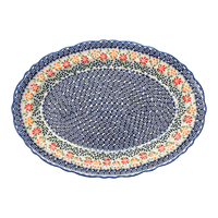 A picture of a Polish Pottery Large Scalloped Oval Platter (Flower Power) | P165T-JS14 as shown at PolishPotteryOutlet.com/products/large-scalloped-oval-plater-flower-power-p165t-js14