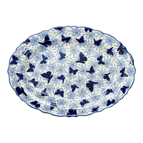 Platter, Oval, Scalloped, 16.75" x 12.25" Large in "Blue Butterfly" by Manufaktura | P165U-AS58